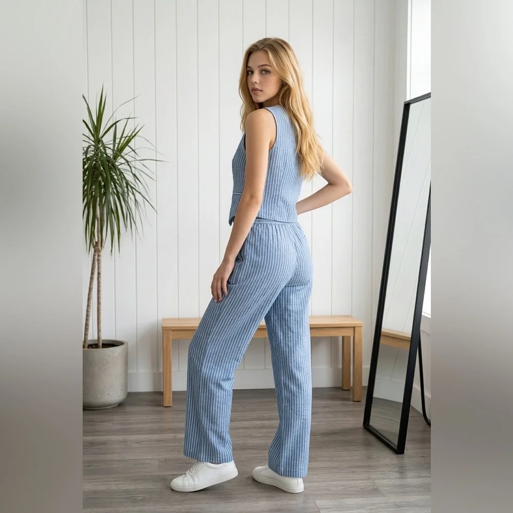 Wren Women’s Light Blue Striped Vest & Wide-Leg Pants Set